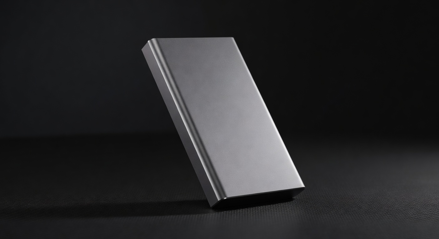 Vivaplaysurg sleek power bank device against dark background
